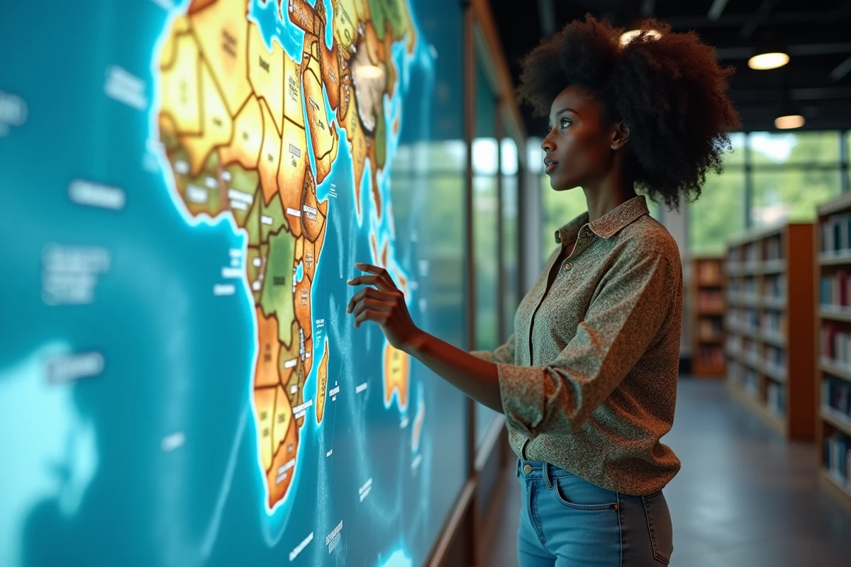 Jeune femme africaine utilisant une tablette dans une bibliothèque