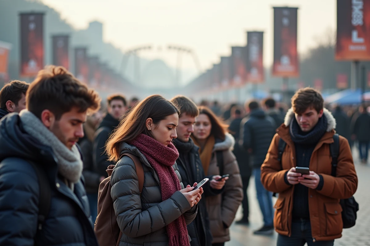 Groupe de jeunes et adultes en attente devant kiosques