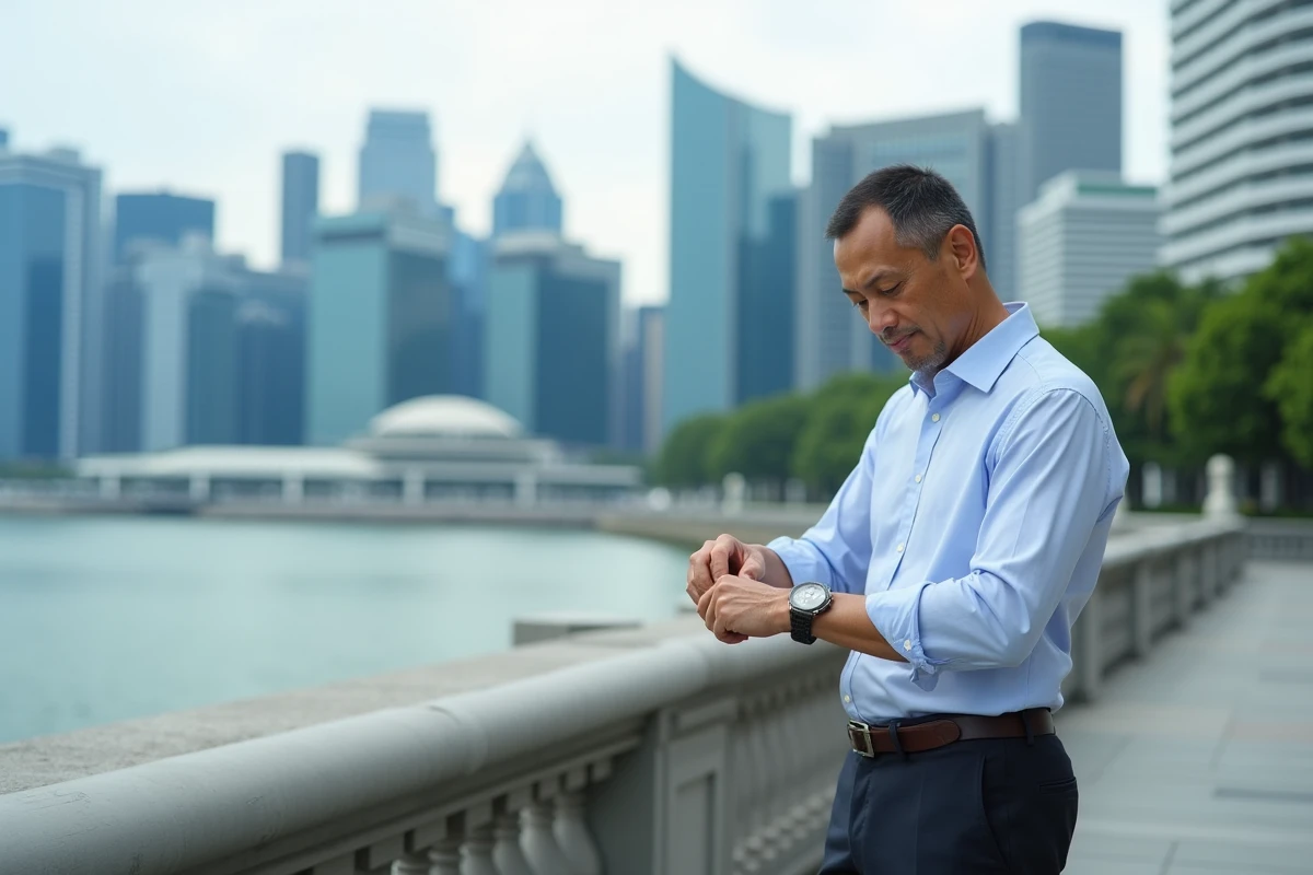 Homme regardant sa montre à Singapour avec la skyline en arrière-plan