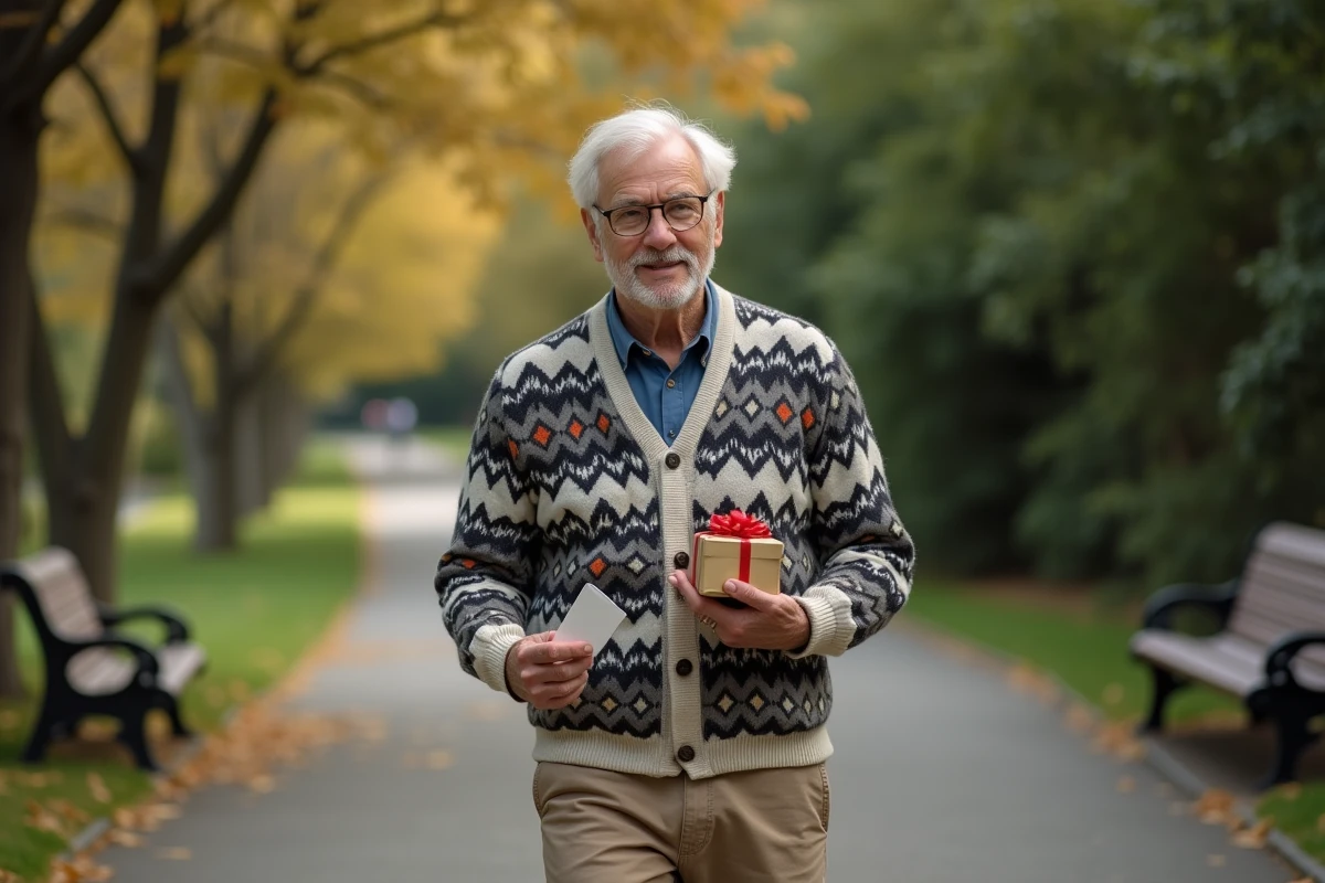 Homme âgé marchant dans un parc avec un cadeau et une carte