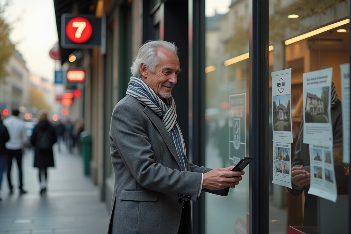 Homme en costume regardant des annonces immobilières dans Paris