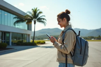 Jeune femme arrivant à l'aéroport de Nouvelle Calédonie
