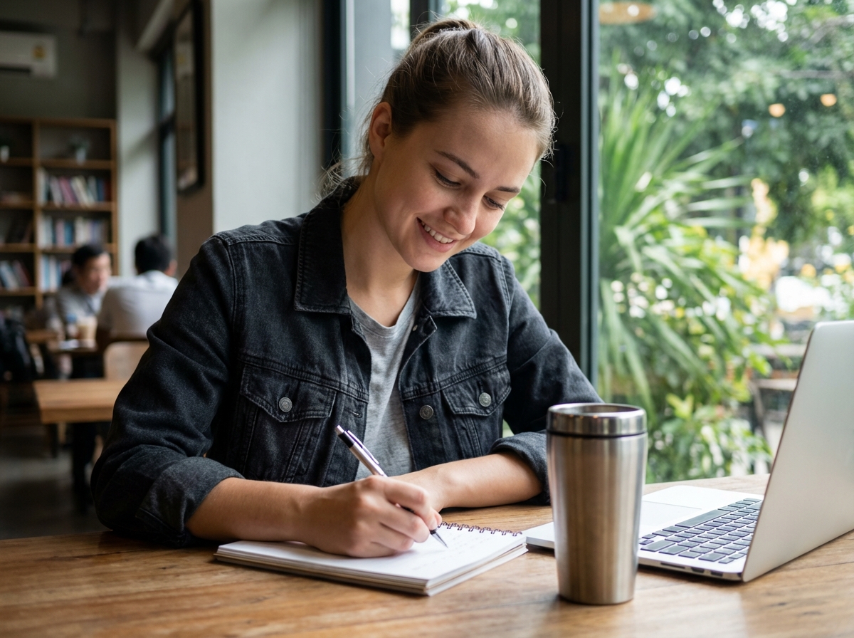 Jeune femme lisant dans un café cosy avec café et ordinateur