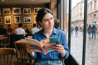 Jeune femme lisant brochure dans un café toulousain