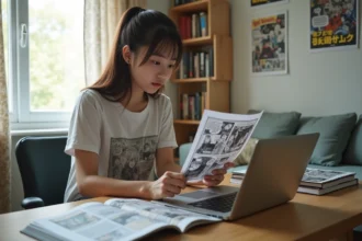 Jeune femme lisant manga dans sa chambre moderne