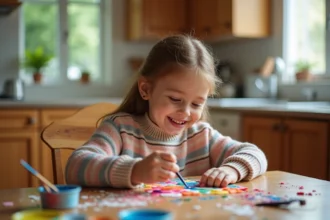 Jeune fille peignant un masque de carnaval en famille