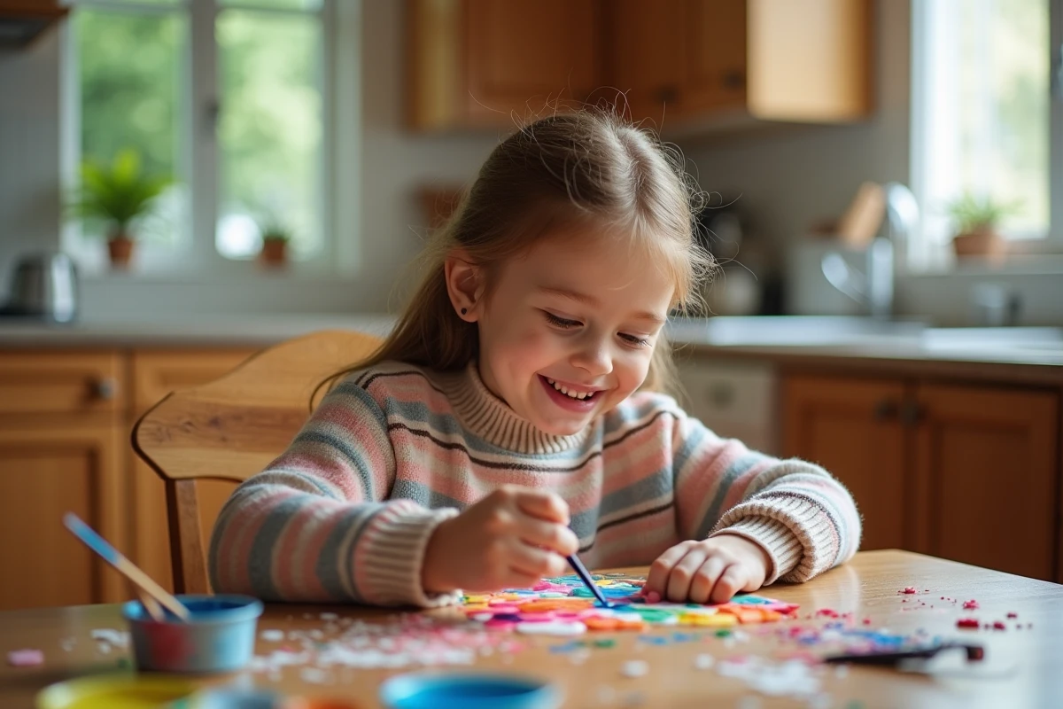 Jeune fille peignant un masque de carnaval en famille