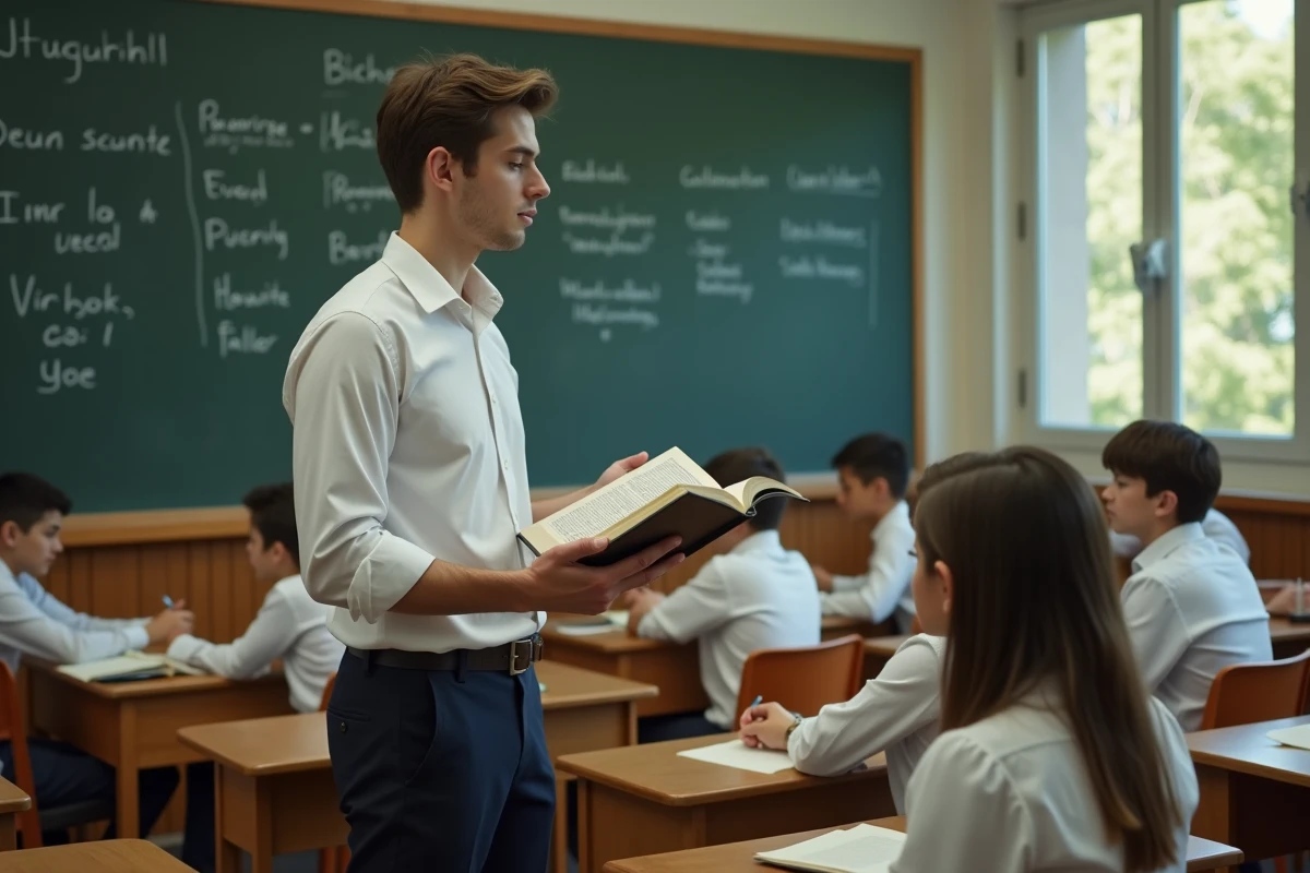 Jeune homme lisant un passage en classe
