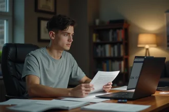 Jeune homme lisant une lettre dans un bureau à domicile