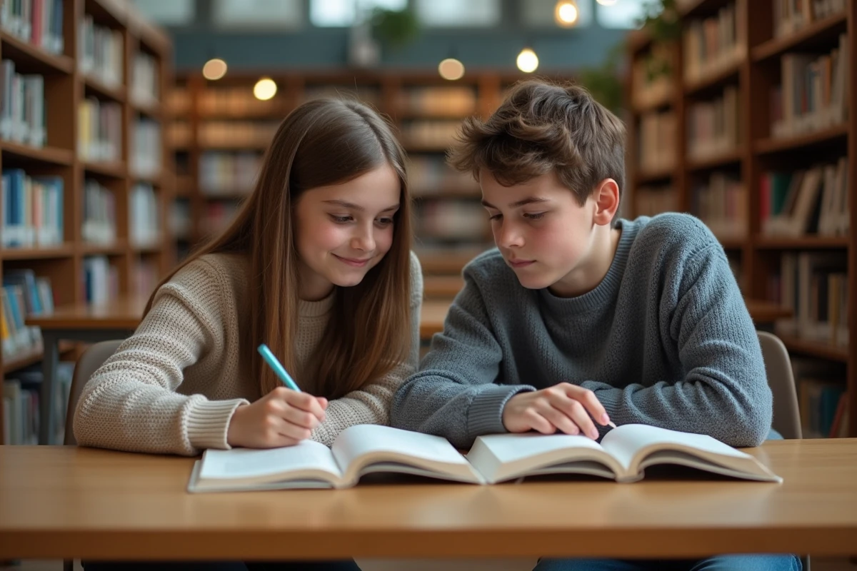 Adolescents étudiants dans une bibliothèque scolaire