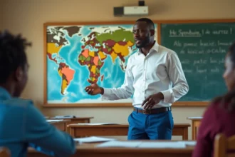 Professeur africain devant une carte de lAfrique en classe