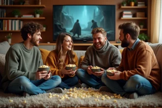 Groupe d'amis regardant un film dans un salon chaleureux