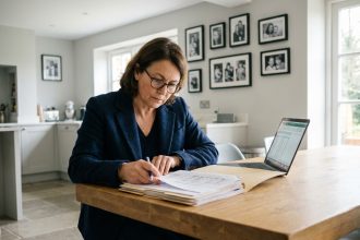 Femme française en blazer examinant des documents immobiliers