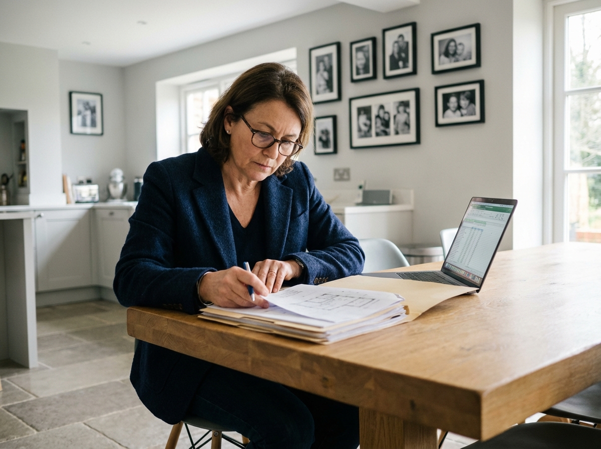 Femme française en blazer examinant des documents immobiliers