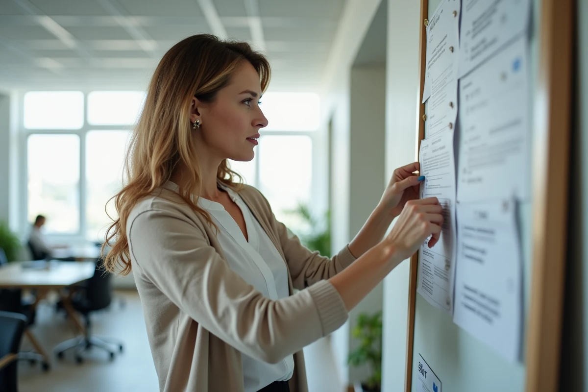 Femme professionnelle fixant un organigramme au mur