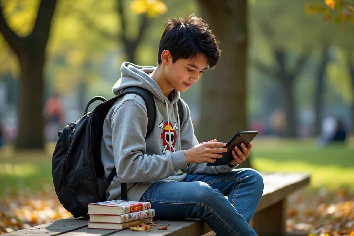 Adolescent lisant manga sur une tablette dans un parc ensoleille