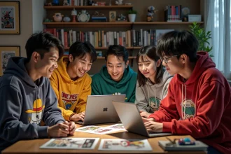 Groupe de jeunes adultes discutant manga One Piece dans un salon cosy