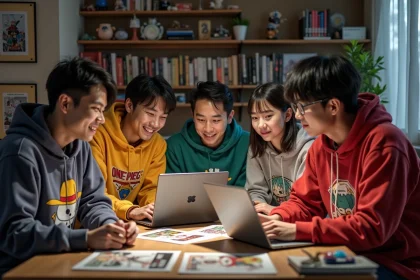 Groupe de jeunes adultes discutant manga One Piece dans un salon cosy