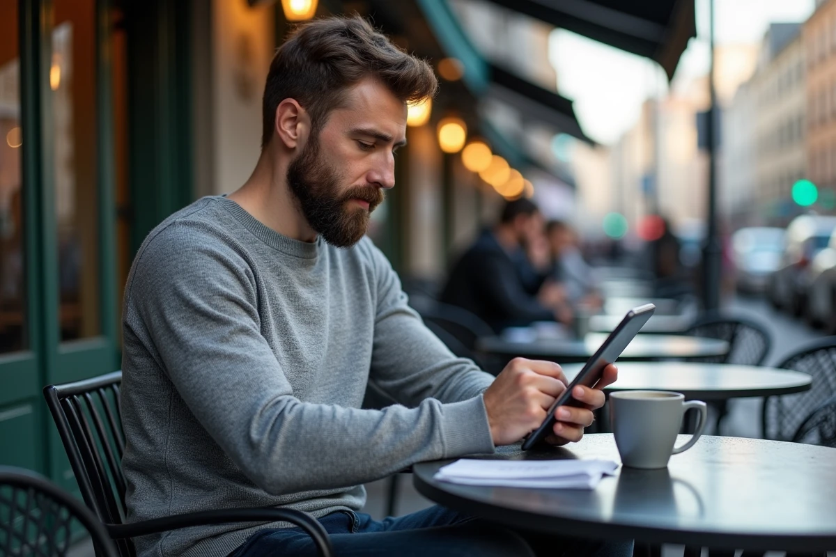 Homme avec tablette dans un café en ville en pleine lecture