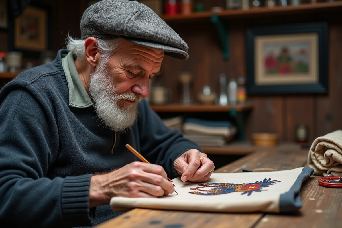 Homme âgé brodant un drapeau breton dans son atelier
