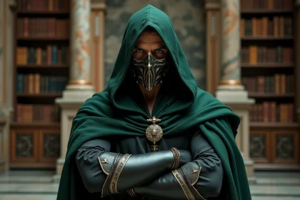 Homme au masque métallique dans une salle ancienne