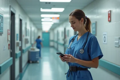 Infirmière en blouse vérifiant un dosimètre dans un couloir hospitalier