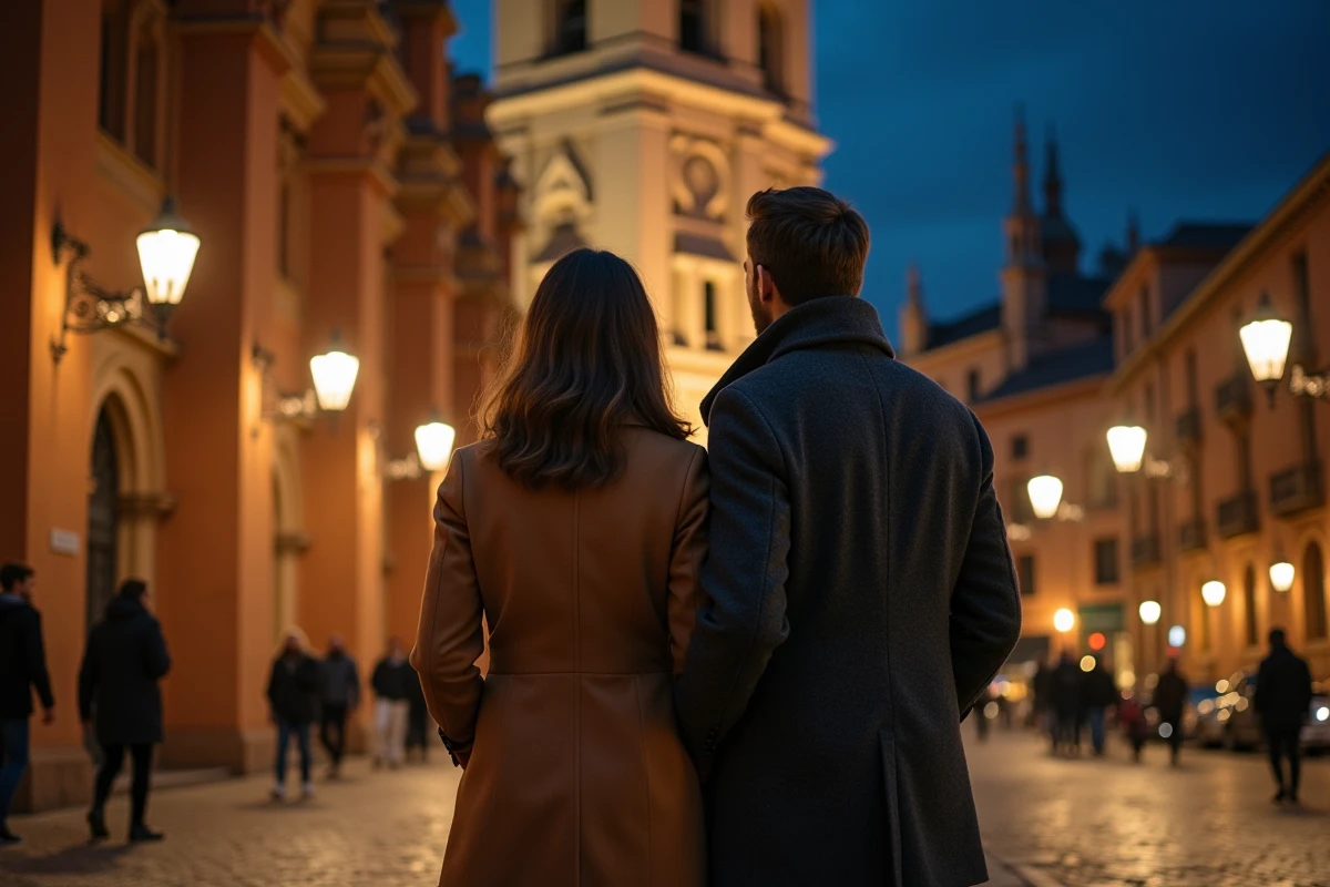Couple admirant la Basilique Saint-Sernin illuminée lors d'une sortie nocturne romantique à Toulouse