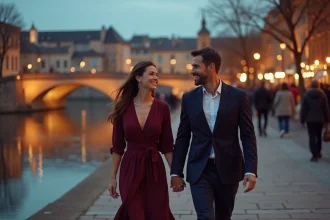Couple romantique se promenant main dans la main le long des quais de la Garonne à Toulouse au crépuscule