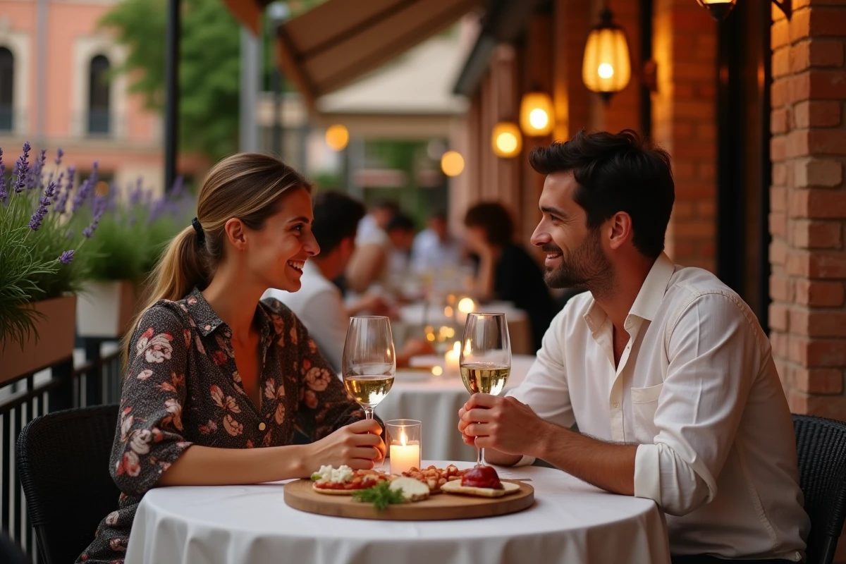 Couple en amoureux dînant en terrasse dans un restaurant typique aux briques roses de Toulouse
