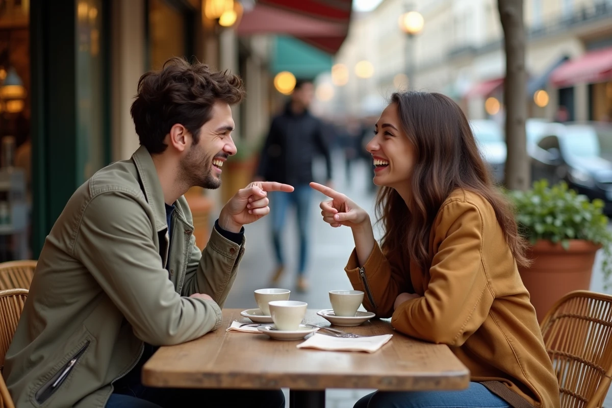 Deux amis hilares partageant une blague autour d'un café en terrasse dans un cadre parisien authentique