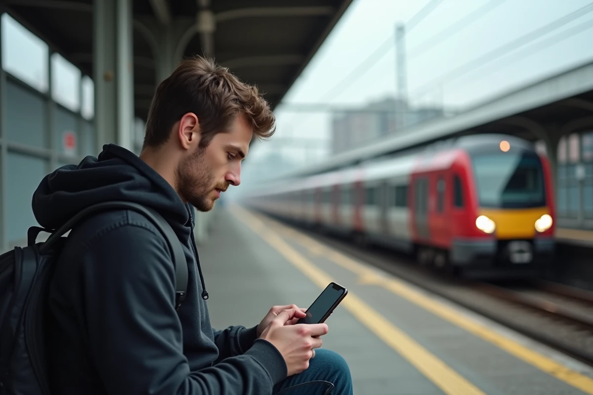 Apprenti consultant une application de calcul de tarif transport sur un quai de RER en banlieue parisienne