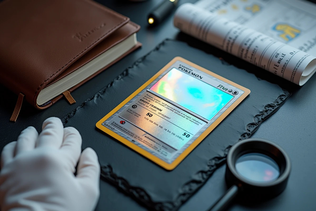 Carte Pokémon holographique ultra-rare posée sur une table d'expertise avec loupe et estimation d'enchère