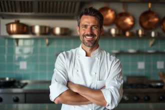 Chef Philippe Coelho en tenue blanche dans une cuisine professionnelle moderne, pose détendue et sourire naturel