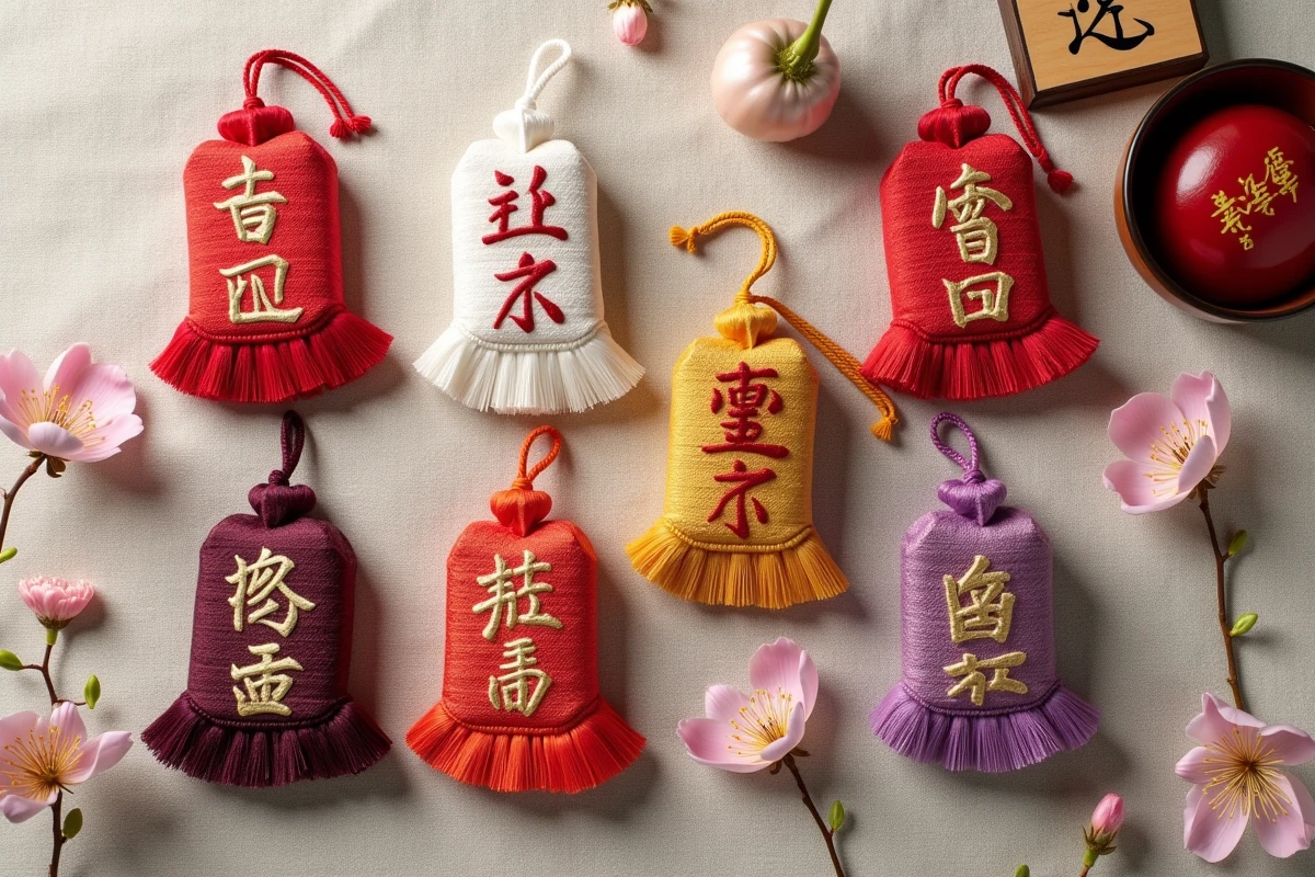 Collection d'omamori japonais traditionnels pour la réussite scolaire et professionnelle sur lin naturel