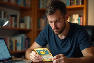 Collectionneur de cartes Pokémon gradées examinant une carte PSA devant un site de prix sur ordinateur portable