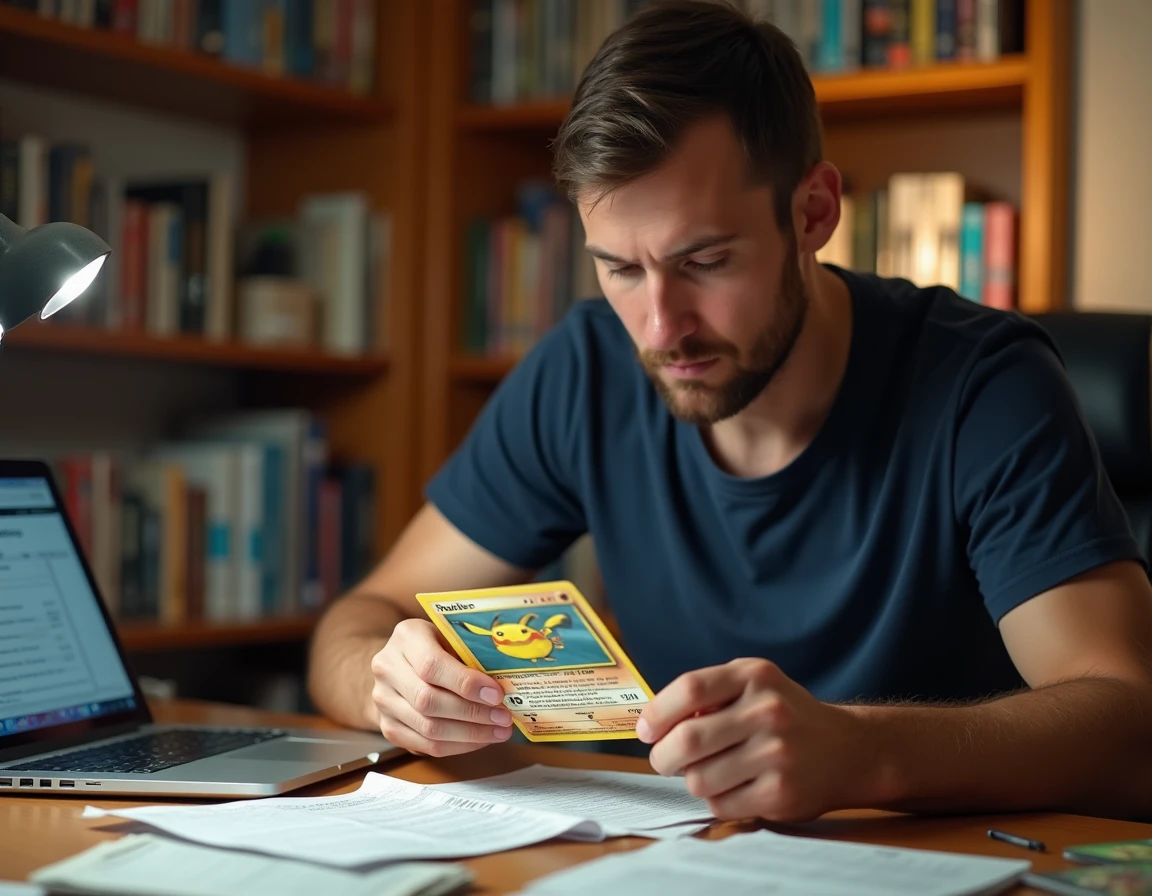 Collectionneur de cartes Pokémon gradées examinant une carte PSA devant un site de prix sur ordinateur portable