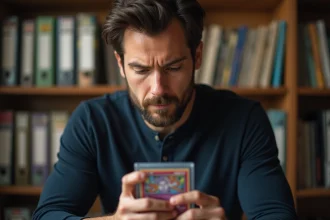 Collectionneur adulte tenant une carte Pokémon rare gradée dans son bureau, examinant sa valeur avec attention