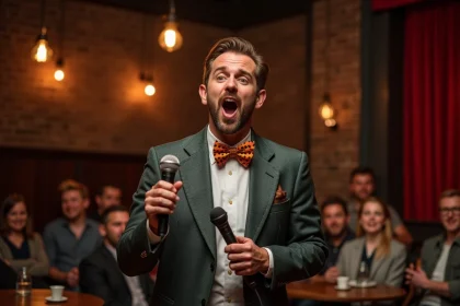 Comédien en plein sketch humoristique sur scène dans un club de comédie avec microphone et expression théâtrale
