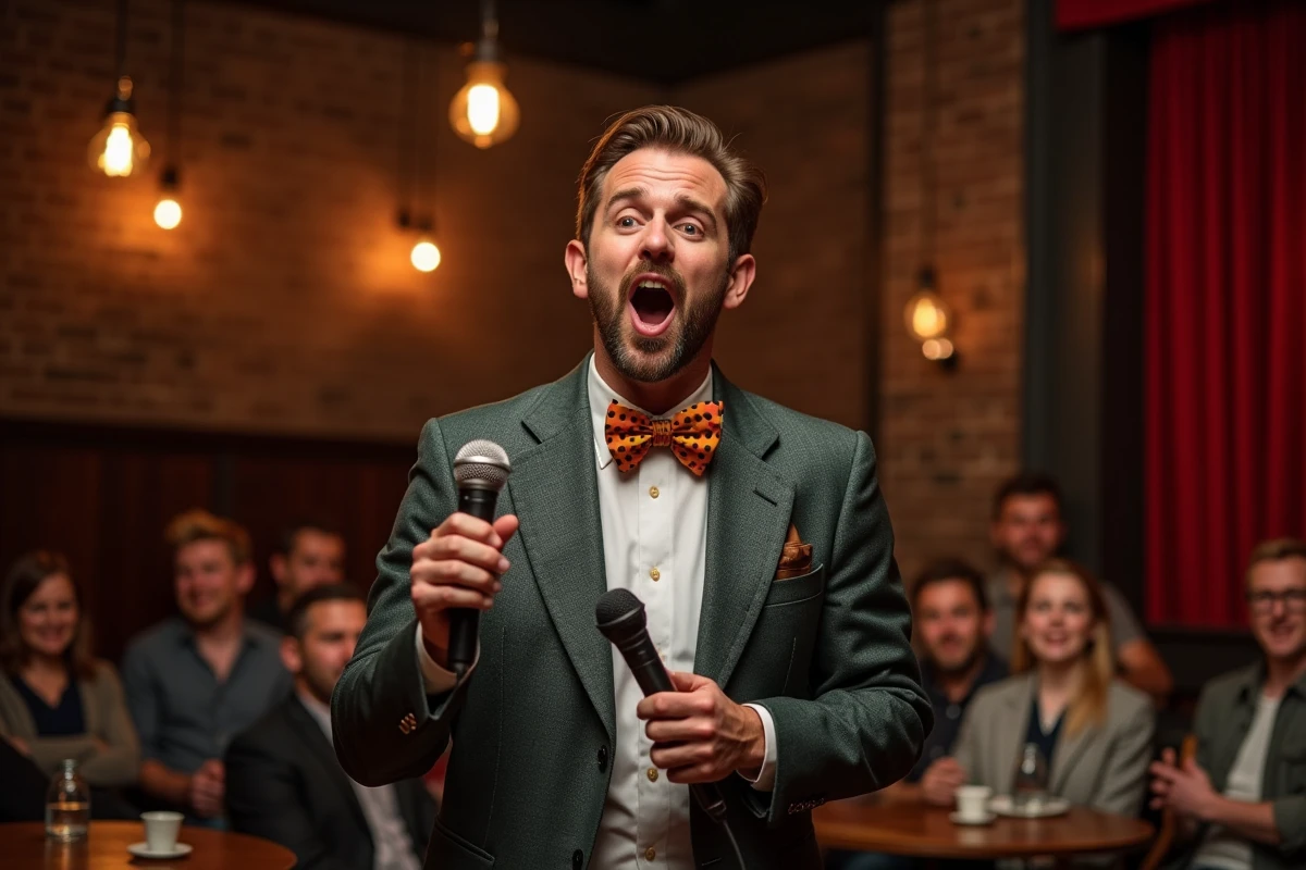 Comédien en plein sketch humoristique sur scène dans un club de comédie avec microphone et expression théâtrale