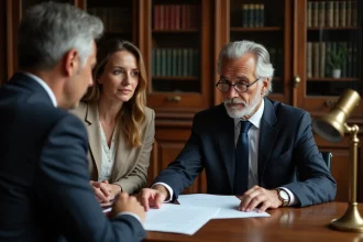 Couple consultant un notaire dans un bureau traditionnel pour des questions d'héritage et de droit immobilier