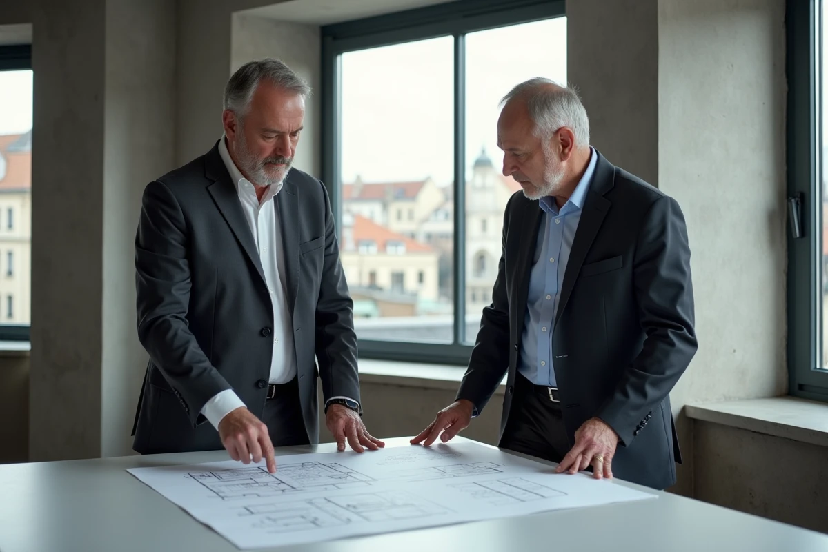 Deux hommes examinant un plan immobilier lors d'une consultation notariale gratuite pour un projet d'achat ou de succession