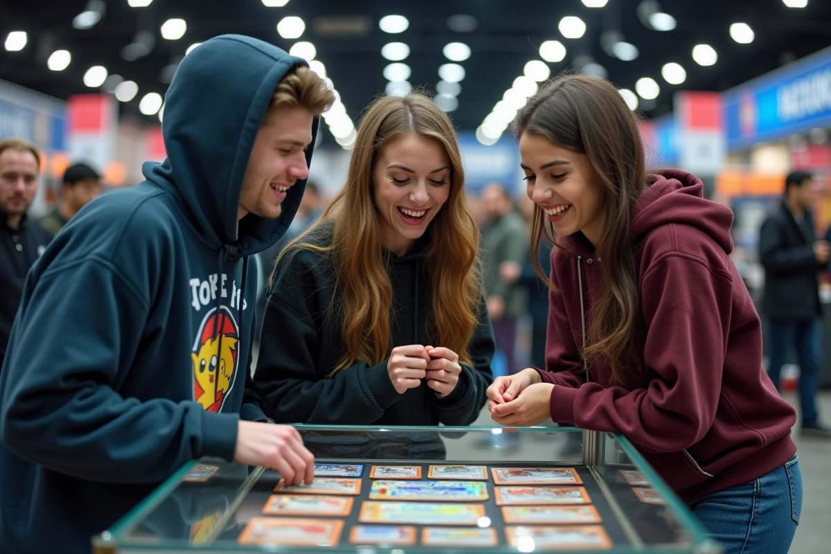 Groupe de collectionneurs réagissant à une carte Pokémon ultra-rare lors d'une convention de trading cards