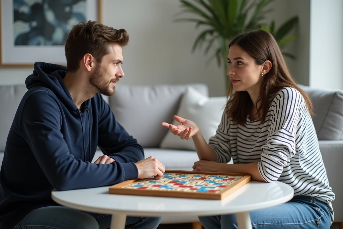 Deux joueurs débutants au Scrabble débattant d'une erreur de mot lors d'une partie conviviale