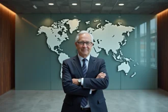 Diplomate senior en costume sombre devant une carte du monde gravée sur verre dans une salle de conférence gouvernementale moderne, illustrant le concept de hard power en relations internationales