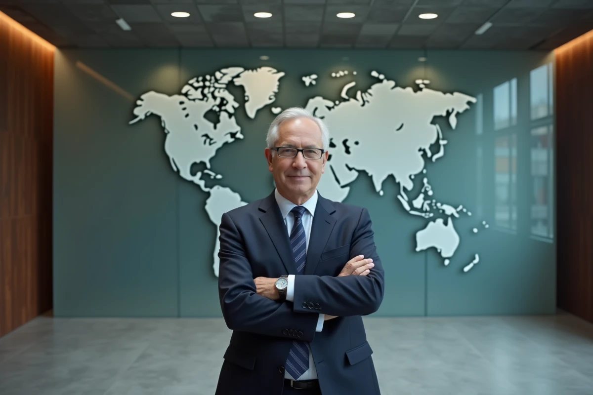 Diplomate senior en costume sombre devant une carte du monde gravée sur verre dans une salle de conférence gouvernementale moderne, illustrant le concept de hard power en relations internationales
