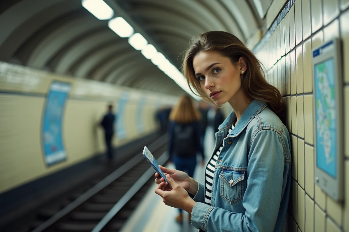 Étudiante tenant un pass Navigo devant une carte du métro parisien dans une station souterraine