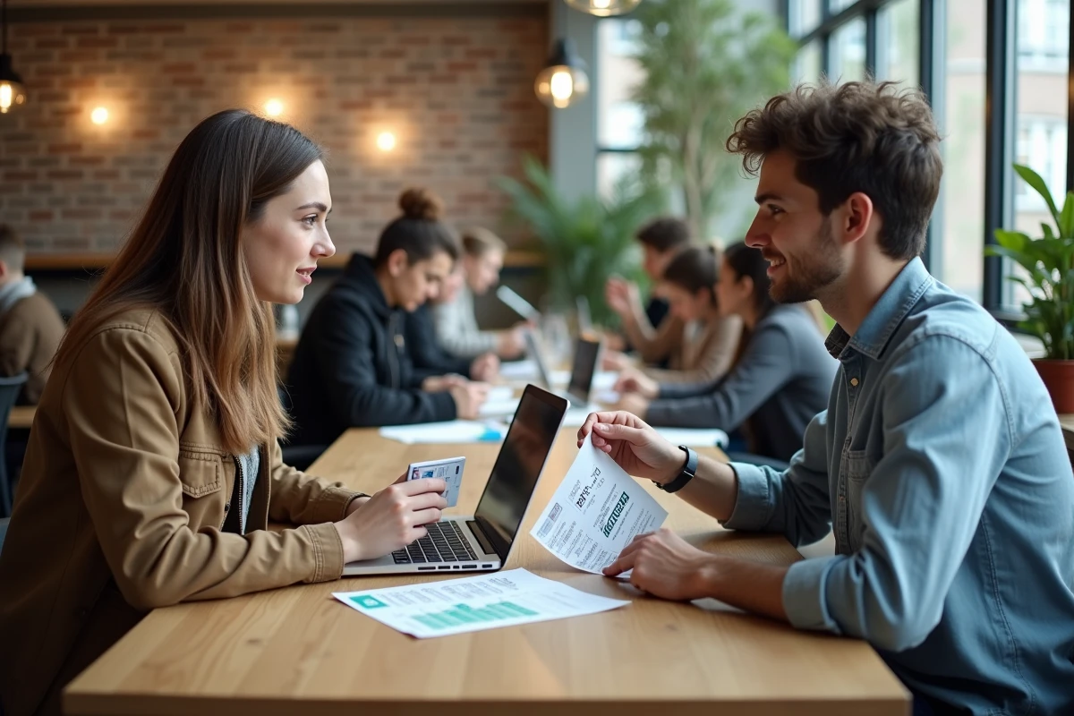 Deux étudiants comparant des abonnements Navigo zones 1-3 sur une table de cafétéria universitaire