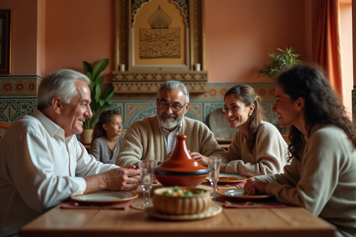 Famille d'origine marocaine réunie autour d'une table dans un intérieur traditionnel, symbolisant les racines familiales et culturelles d'une personnalité politique