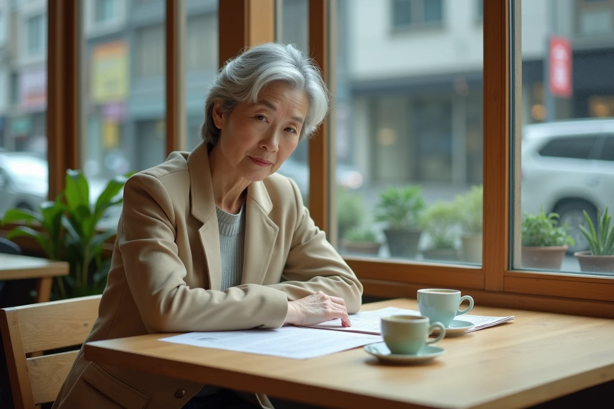 Femme d'âge mûr analysant un chapitre de manga dans un café minimaliste de Tokyo avec vue sur la rue