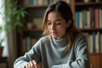 Femme adulte concentrée résolvant un puzzle Codycross sur tablette dans un bureau à domicile chaleureux